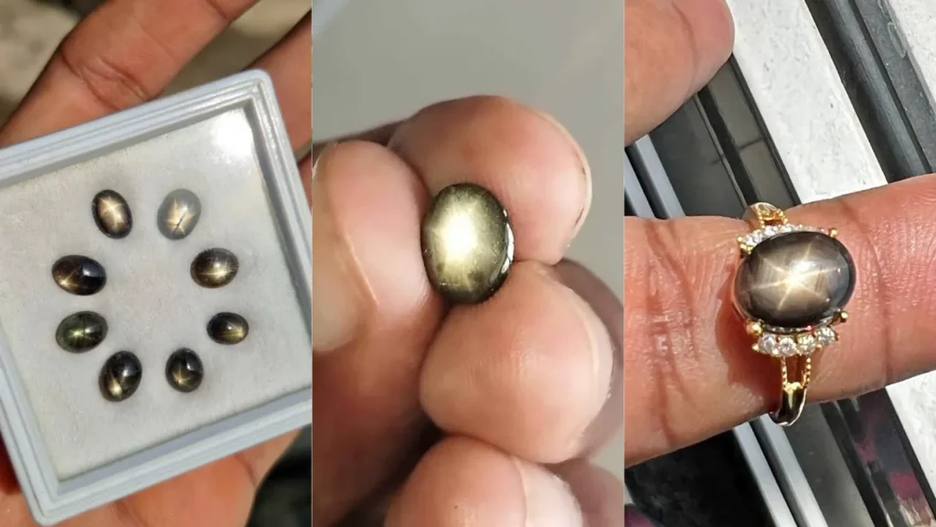 A collage displaying oval black star sapphires showing a golden six-ray star, including loose stones in a display box, a gemstone held between fingers, and set in a gold ring with diamond accents.