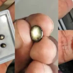 A collage displaying oval black star sapphires showing a golden six-ray star, including loose stones in a display box, a gemstone held between fingers, and set in a gold ring with diamond accents.