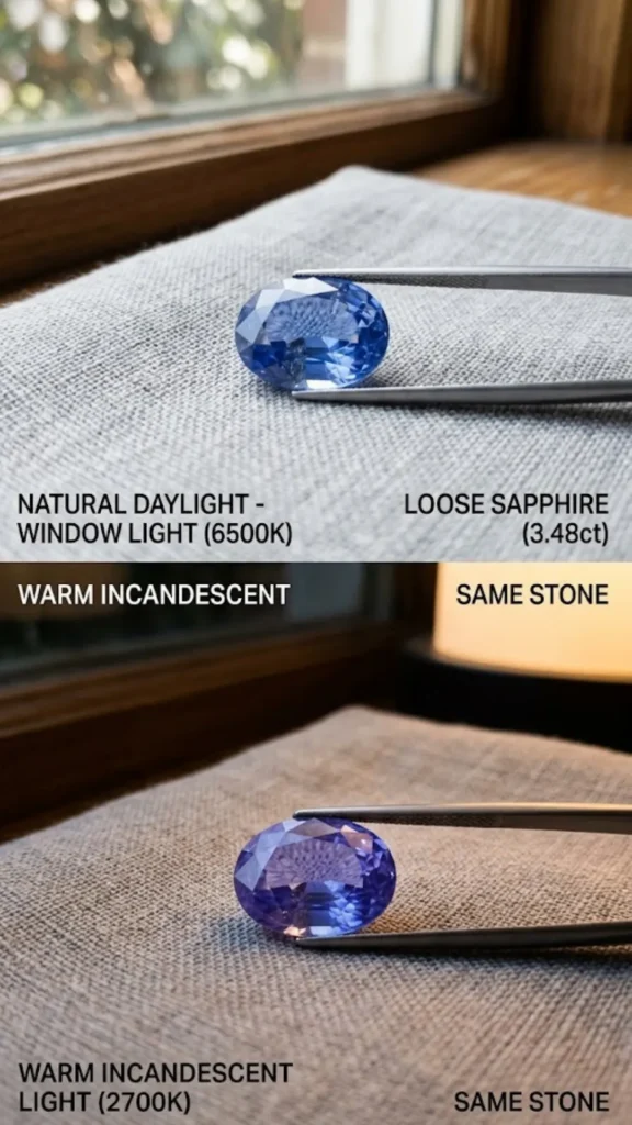 Color Change Is a Different Phenomenon Entirely Side-by-side comparison showing a loose oval sapphire turning from bright blue in natural daylight to violet-blue under warm incandescent light.
