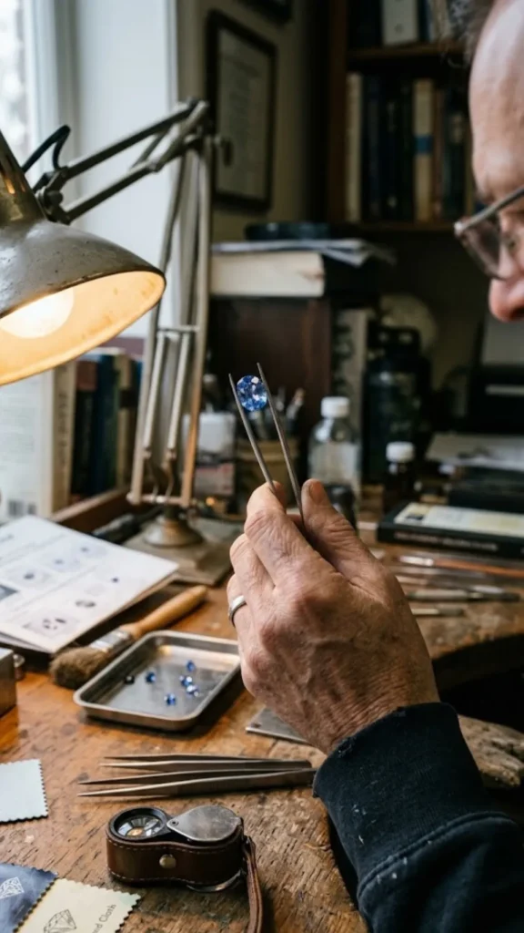 Pleochroism_ Why a Sapphire Isn't One Color, It's Several Gemologist holding a loose oval blue sapphire with tweezers under a brass desk lamp at a cluttered workbench.