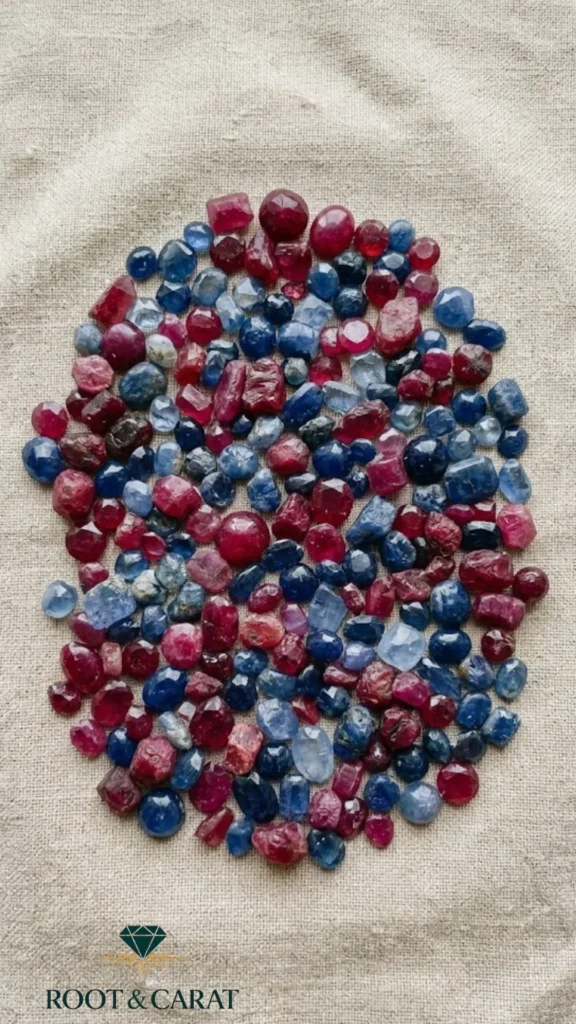 Ruby Is Just Sapphire Wearing a Different Name Overhead flat-lay view of loose polished red rubies and blue sapphires scattered together on a neutral linen fabric.