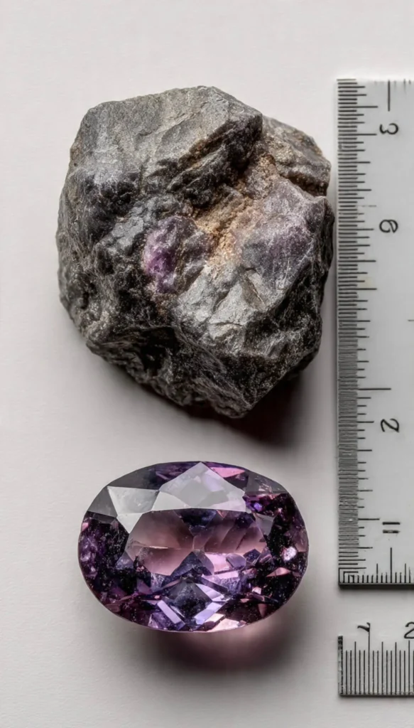 A rough dark taaffeite mineral specimen with purple traces placed above a faceted oval purple taaffeite gemstone next to a measuring ruler.