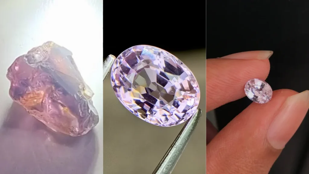 A three-part image displaying an uncut pinkish-purple Taaffeite crystal on the left, a faceted oval Taaffeite held in tweezers in the center, and a faceted gem held between fingers on the right.