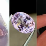 A three-part image displaying an uncut pinkish-purple Taaffeite crystal on the left, a faceted oval Taaffeite held in tweezers in the center, and a faceted gem held between fingers on the right.
