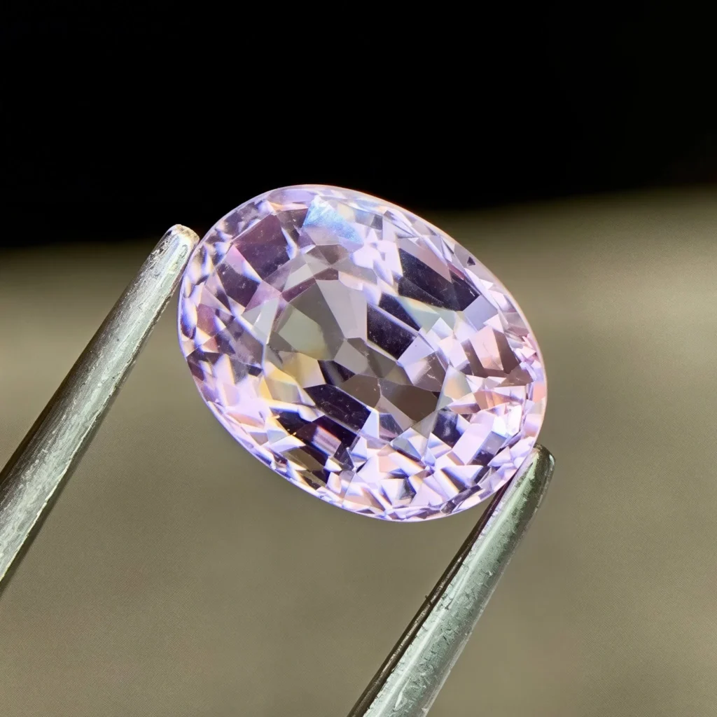 Faceted oval-cut light purple Taaffeite gemstone held by metal gem tweezers.