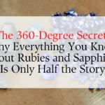 Uncut rough blue sapphire stones next to a pile of faceted cut blue sapphires on a wooden table, overlaid with article title text.