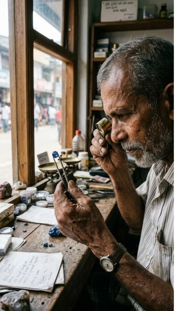 The Trade's Secret Language_ Naming Colors by Feel, Not Just Hue Experienced gem trader holding a jeweler's loupe and tweezers to closely inspect a blue sapphire near a window.