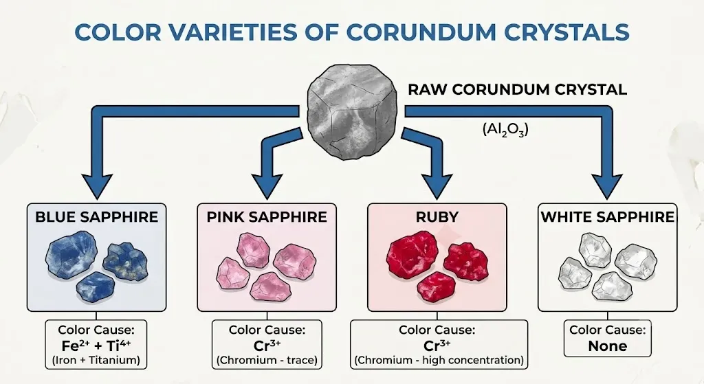 An infographic chart titled Color Varieties of Corundum Crystals illustrating raw corundum branching into blue sapphire, pink sapphire, ruby, and colorless white sapphire with their trace element causes.