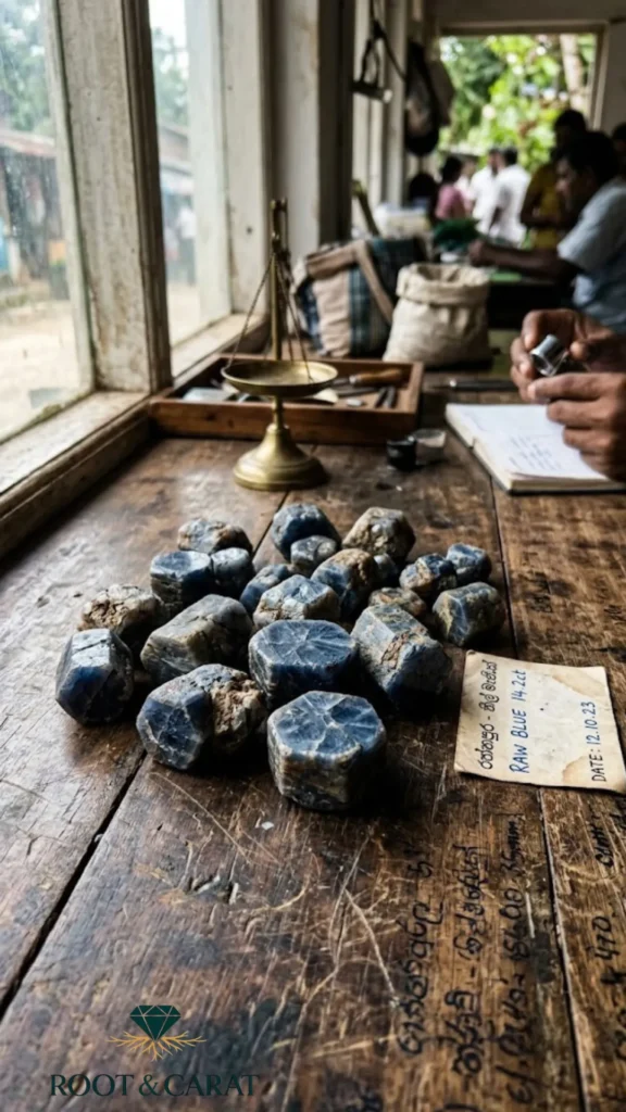 What Rough Sapphire Actually Looks Like Before Cutting Raw, uncut blue sapphire crystals with visible hexagonal shapes on a weathered wooden table inside a Sri Lankan gem shop.