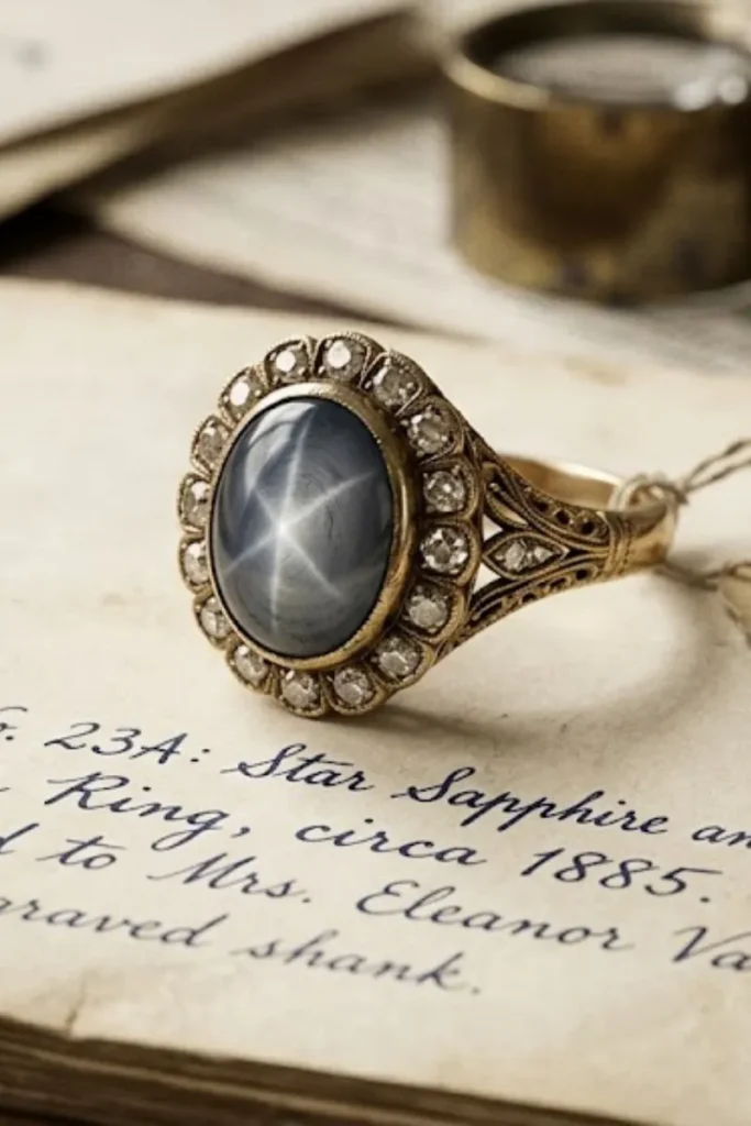 An antique gold ring featuring a cabochon blue-grey star sapphire surrounded by a diamond halo, resting on vintage handwritten documents.