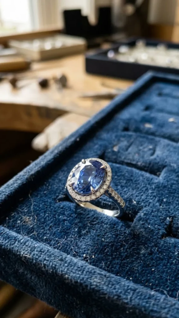 Why This Matters If You're Buying A polished oval blue sapphire ring with a diamond halo resting inside a blue velvet jeweler's display tray.