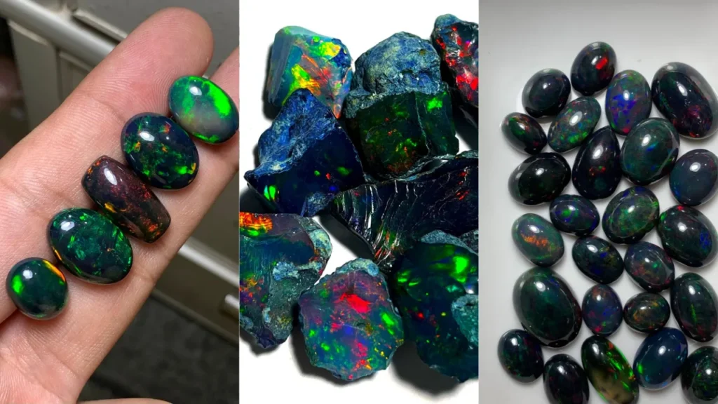 Three-panel collage showcasing polished black opal cabochons on hand and tray alongside rough unpolished black opal stones.
