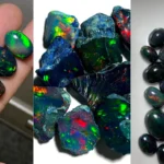 Three-panel collage showcasing polished black opal cabochons on hand and tray alongside rough unpolished black opal stones.