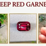 Three-panel collage titled "DEEP RED GARNET" showcasing faceted cushion and radiant-cut garnets alongside a rough garnet crystal.