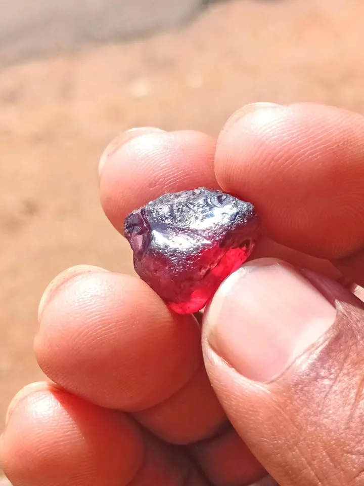 Raw deep red garnet crystal held in hand under natural light.