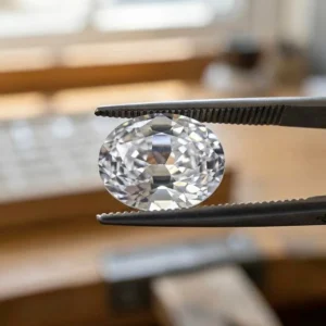 A jeweler holding a clear, brilliantly faceted oval white sapphire in metal tweezers against a soft-focus workshop background.