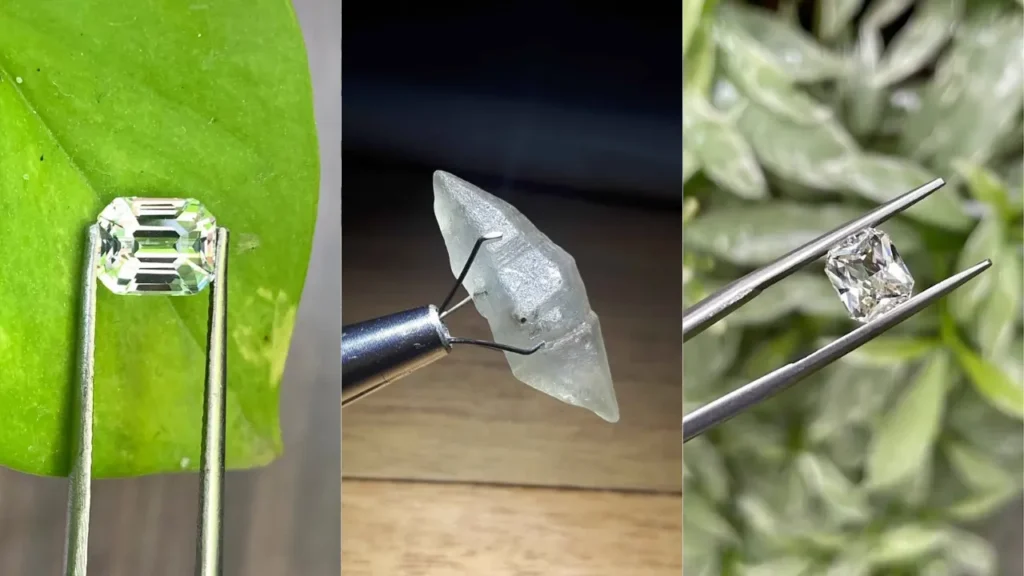 Alt Text: A triptych collage displaying an emerald-cut white sapphire in tweezers, a pointed raw white sapphire crystal, and a radiant-cut white sapphire gemstone.