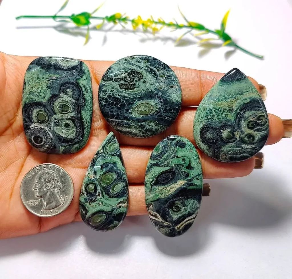 Wholesale parcel of natural polished Kambaba jasper cabochons displaying orbicular green eye patterns and flat backs for jewelry making.