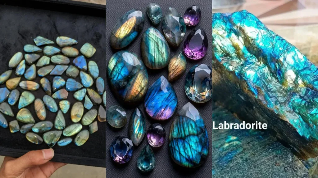 Natural labradorite gemstone guide showing wholesale cabochons, fine spectrolite gems with purple and blue labradorescence, and raw rough mineral specimen.
