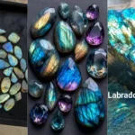 Natural labradorite gemstone guide showing wholesale cabochons, fine spectrolite gems with purple and blue labradorescence, and raw rough mineral specimen.