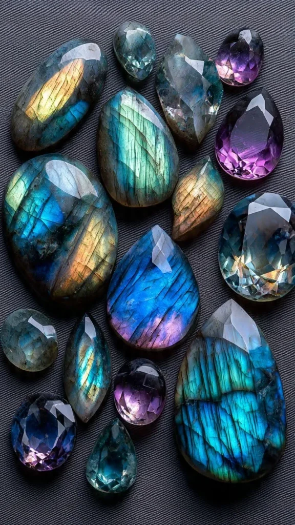 High-grade natural spectrolite labradorite gemstones with rare purple, electric blue, and gold labradorescence.