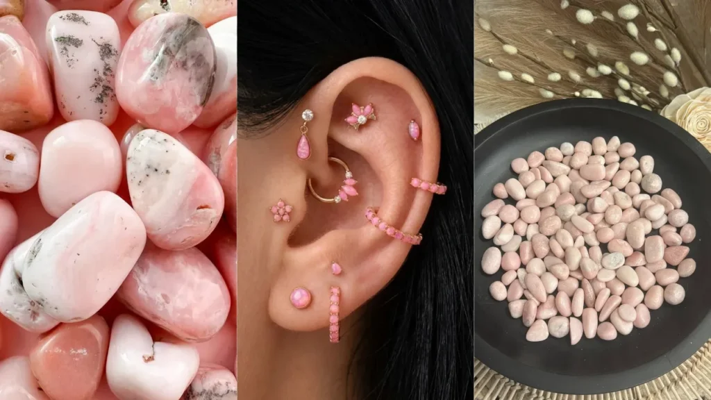 Natural pink opal gemstone showcase featuring polished tumbled stones, fine pink opal ear jewelry curation, and decorative crystal pebbles.