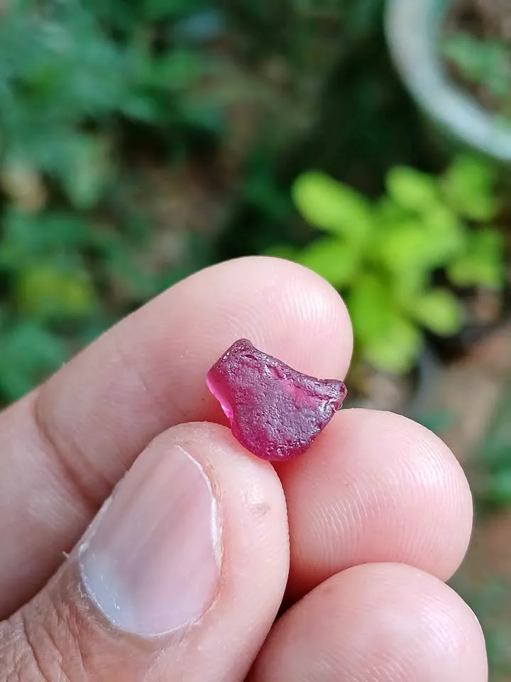 Natural rough uncut rhodolite garnet pebble displaying vivid raspberry red and purplish-pink hues for lapidary faceting.