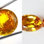 A side-by-side photo showing faceted round and oval-cut natural yellow spinel gemstones.