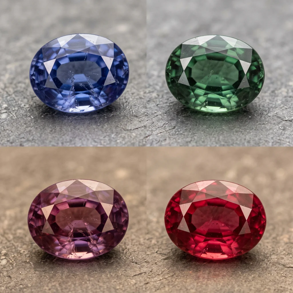 Natural loose color change sapphire gemstones in precision oval cuts displaying daylight to incandescent shifts from blue-to-purple and green-to-red.