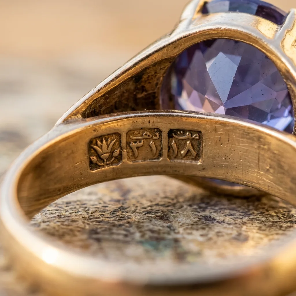 Vintage 18K yellow gold color change sapphire ring showing authentic stamped Egyptian hallmarks on the inner band.