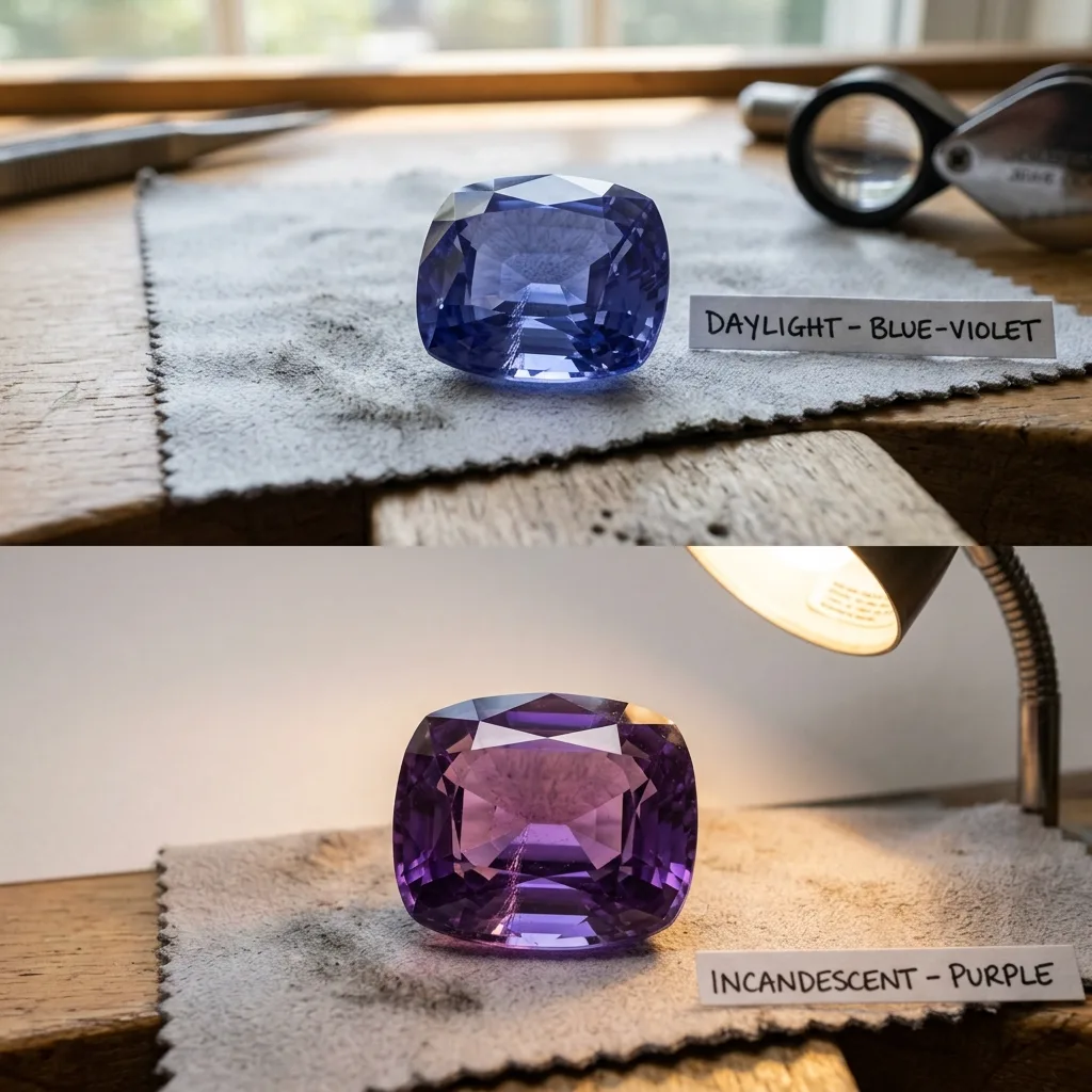 Rare loose natural color change sapphire cushion cut demonstrating blue-violet to purple color shift for fine custom engagement jewelry.