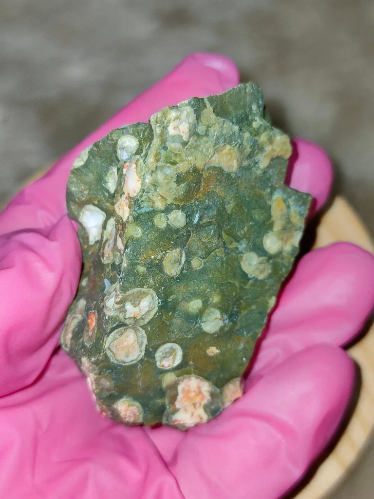 Natural raw rough rainforest rhyolite mineral specimen showing green volcanic matrix and orbicular spherulite patterns.