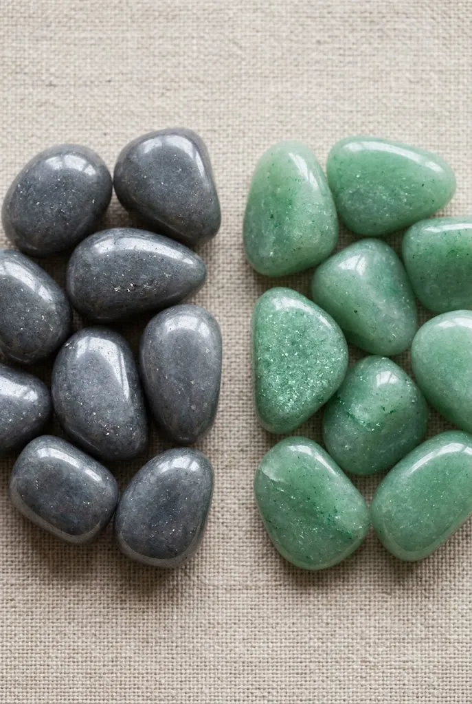 Natural tumbled grey aventurine and green aventurine crystal stones side-by-side on linen displaying sparkling aventurescence for meditation and chakra balancing.