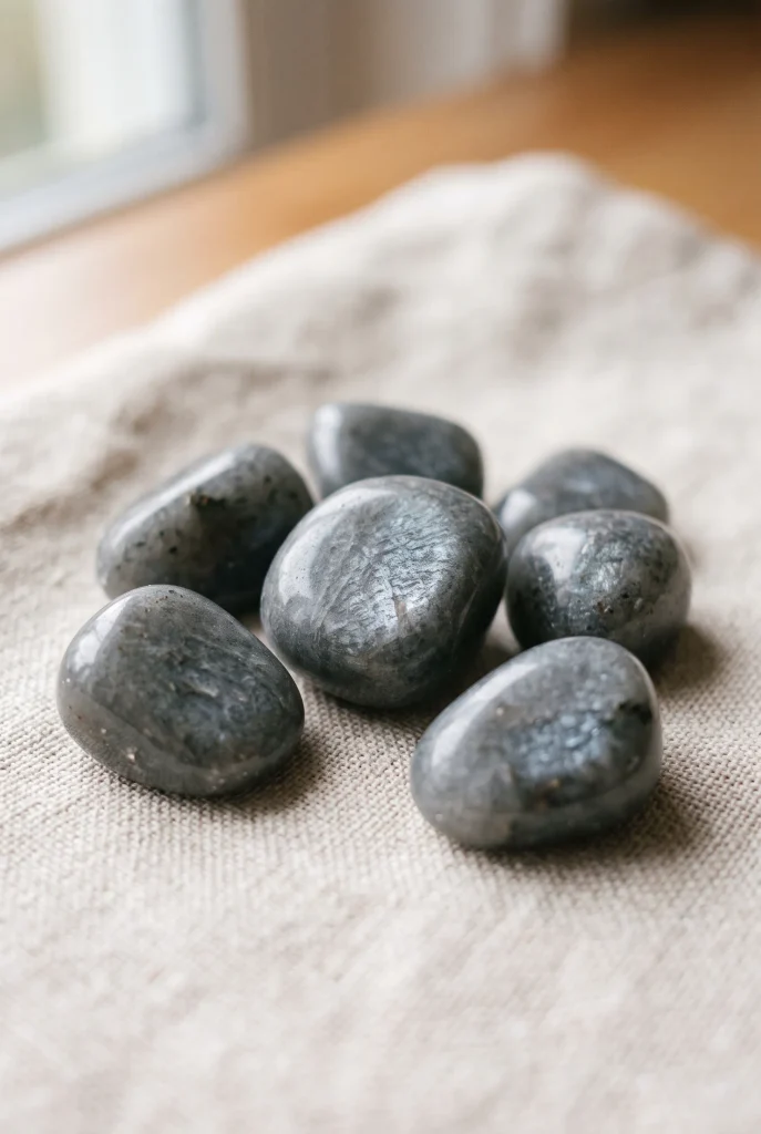 Natural tumbled grey aventurine crystal pebbles displaying smoky slate-grey tones and silvery aventurescence shimmer on textured linen.