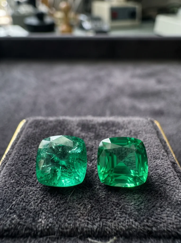Comparison of a natural included emerald and a flawless lab grown emerald