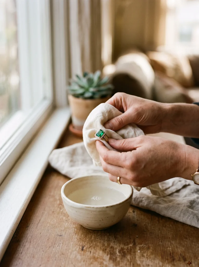Emerald ring being gently cleaned with a soft cloth