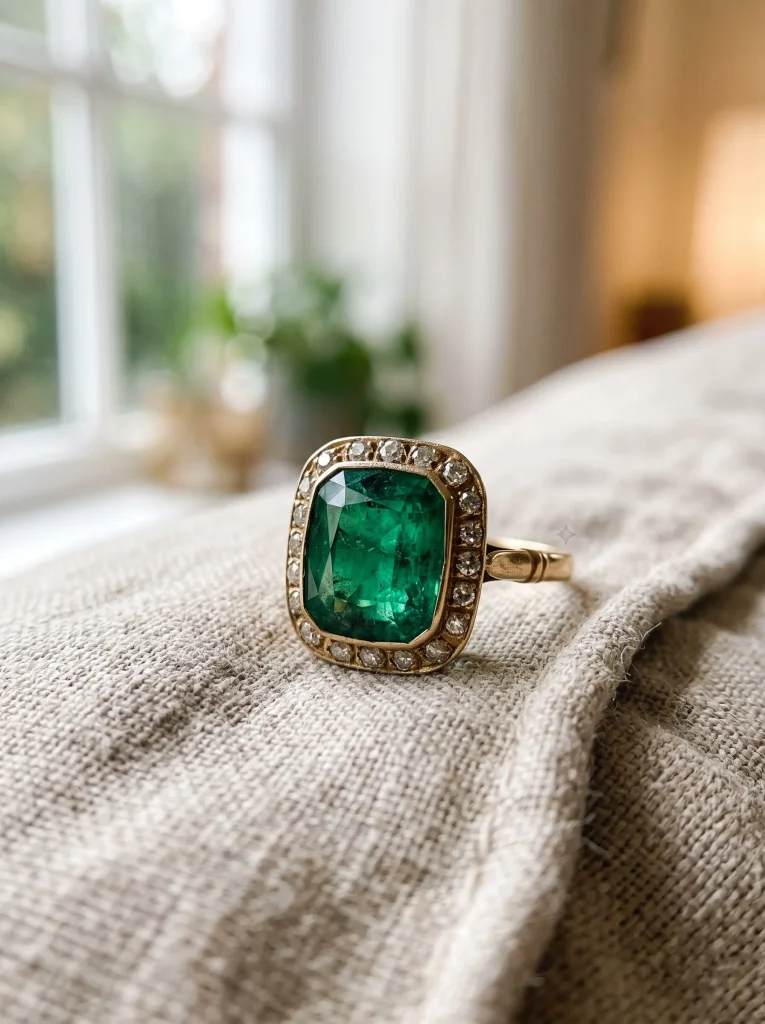 Faceted emerald ring with deep green color on neutral linen background