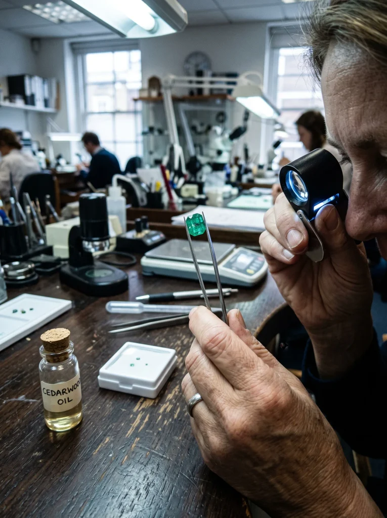 Gemologist inspecting an emerald for oil treatment under magnification