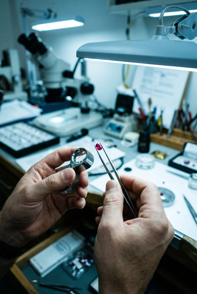 How to tell if a ruby is real by inspecting internal inclusions with a 10x loupe and tweezers in a gemological appraisal laboratory.
