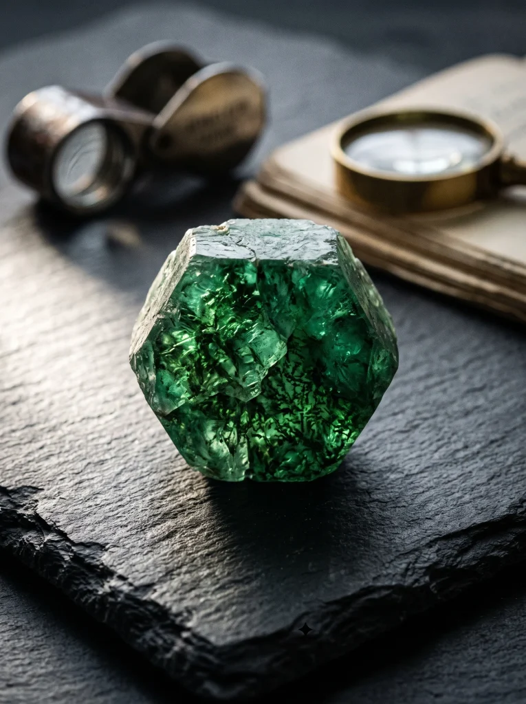 Raw emerald crystal showing natural green color and internal inclusions