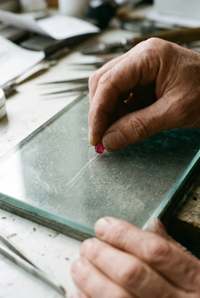 How to tell if a ruby is real hardness scratch test using a red corundum gemstone to scratch glass on a jeweler workbench.
