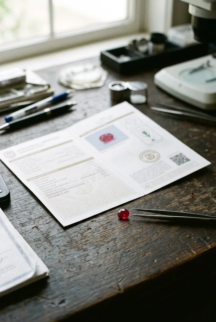 Certified natural ruby gemstone with an accredited gemological laboratory report and tweezers for definitive authenticity and origin verification.