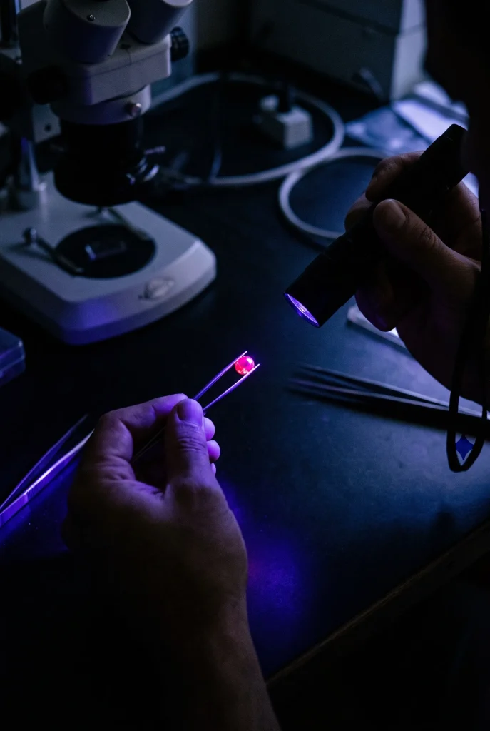 How to tell if a ruby is real UV light fluorescence test with ultraviolet torch in a gemological appraisal laboratory.   