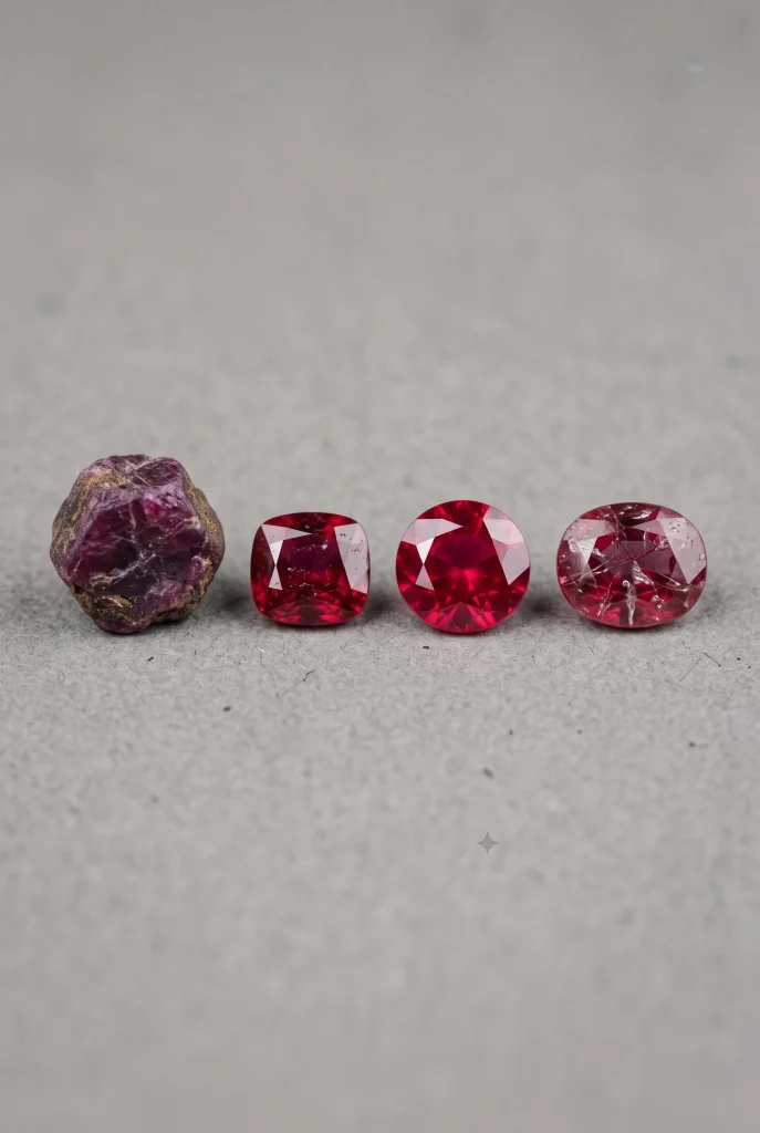 How to tell if a ruby is real comparison displaying raw rough corundum, natural included ruby, synthetic lab-created gem, and treated glass-filled composite ruby.